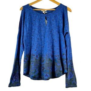 NWT Lucky Brand Women's Cotton Slit Sleeve Keyhole Floral Blue Top